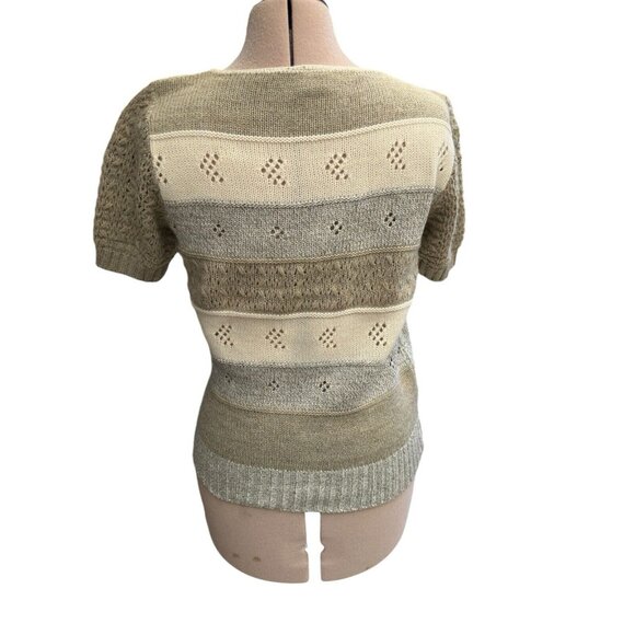 Vintage Kenneth Too Open Knit Short Sleeve Sweater Heather Grey Cream Khaki USA - Picture 3 of 12